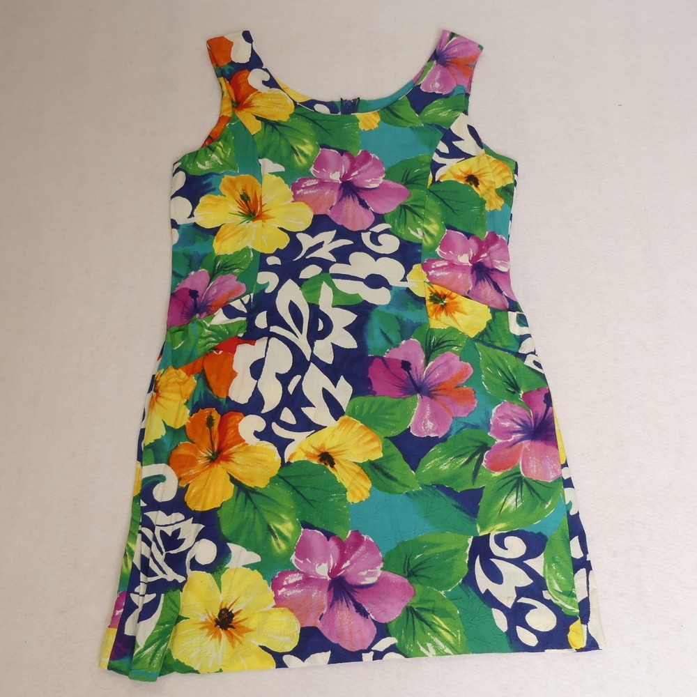 Vintage Jams World Dress Womens 11 Floral Hawaiian Sleeveless Pockets Made USA